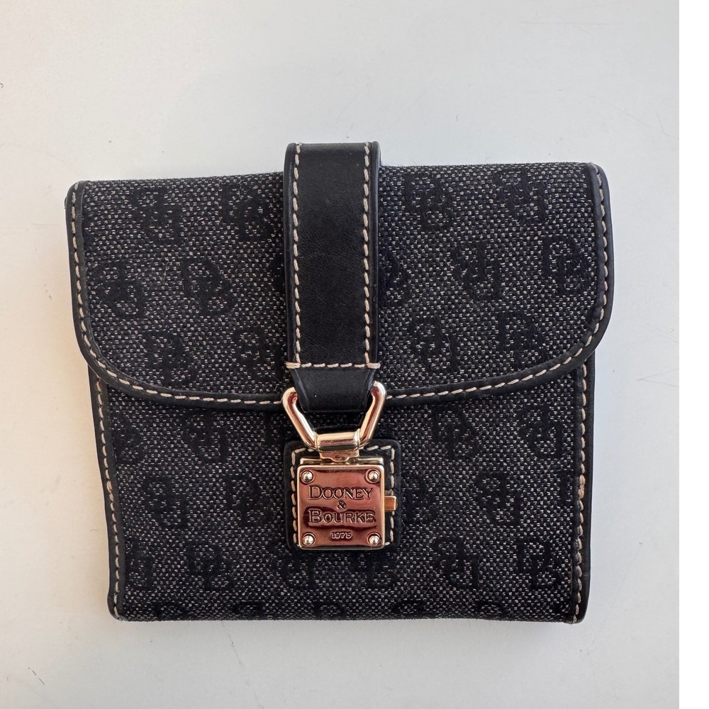 Dooney & Bourke Signature Monogram Denim Bifold Wallet Black Leather Push Lock